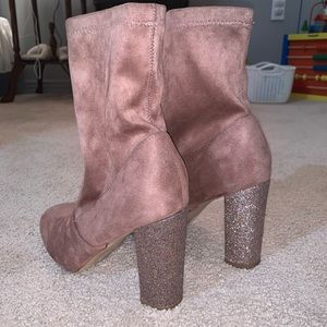 Blush pink glitter block heel boot